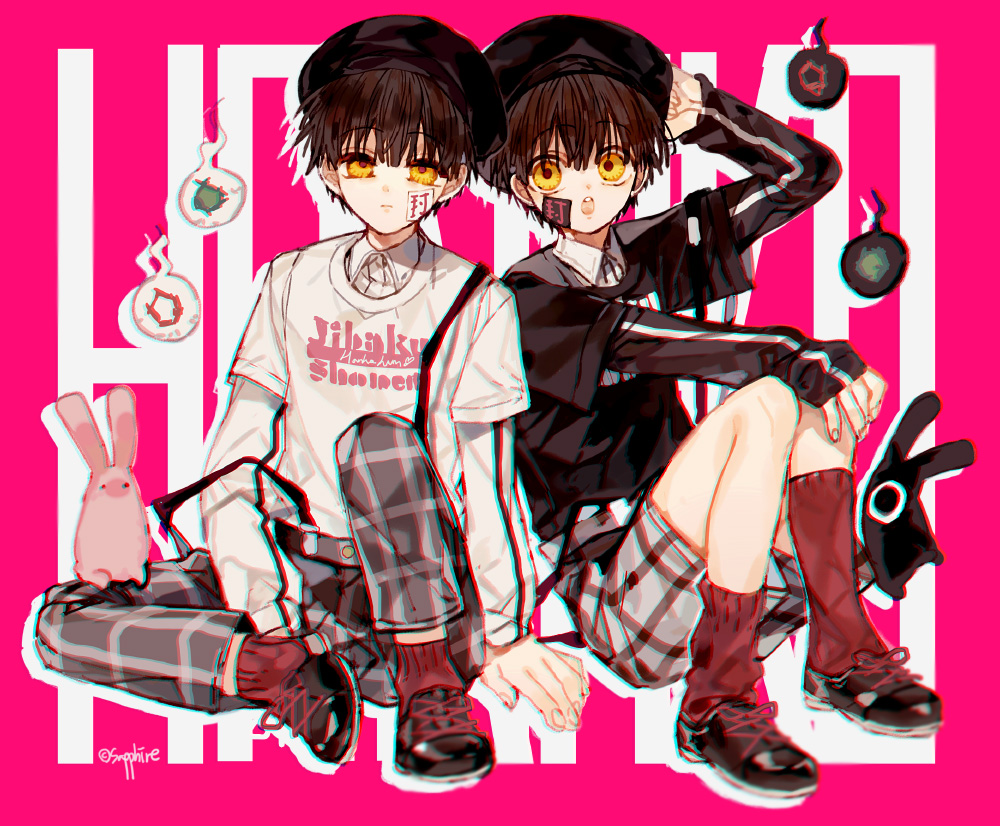 2girls arm_up black_footwear black_hair black_hat black_shirt grey_pants grey_shorts hanako_(jibaku_shounen_hanako-kun) hitodama jibaku_shounen_hanako-kun layered_sleeves long_sleeves looking_at_viewer mokke_(jibaku_shounen_hanako-kun) multiple_girls open_mouth pants red_socks sapphire_(nine) shirt shoes short_over_long_sleeves short_sleeves shorts socks white_shirt yellow_eyes yugi_tsukasa