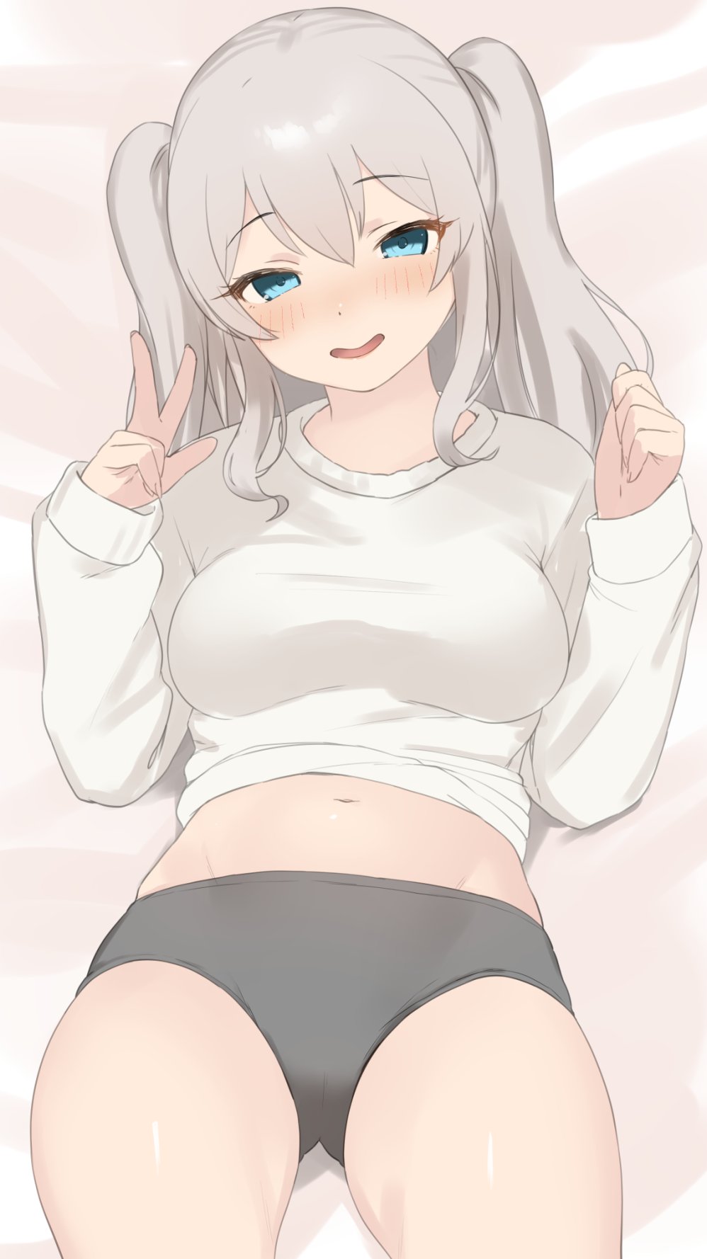 1girl black_panties blue_eyes blush breasts grey_hair highres kantai_collection kashima_(kancolle) long_hair looking_at_viewer medium_breasts navel no_pants panties sakieko smile sweater twintails underwear v white_sweater