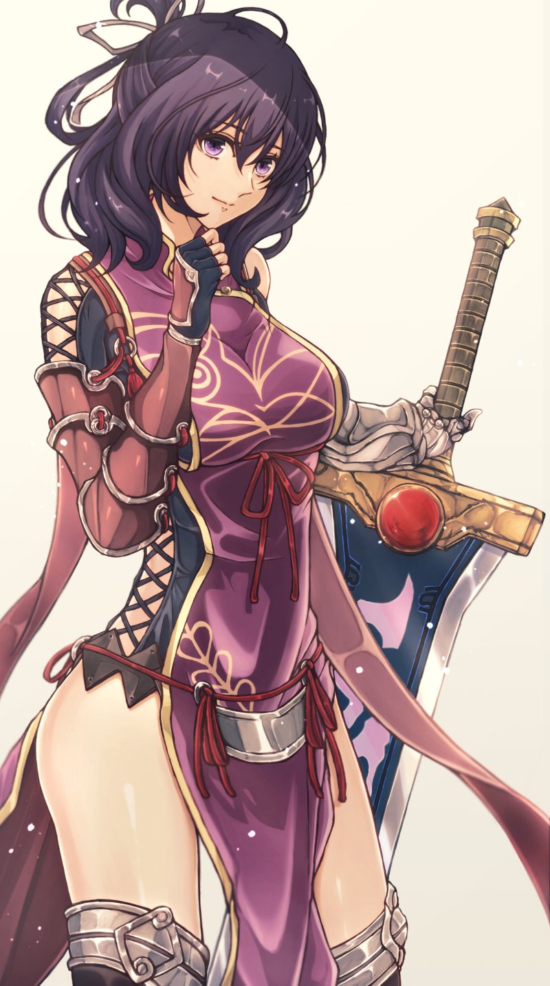 1girl ao_no_kiseki bow-shaped_hair breasts dress eiyuu_densetsu floating_clothes gauntlets half_updo highres holding holding_sword holding_weapon huge_breasts huge_weapon looking_at_viewer purple_eyes purple_hair rixia_mao sidelocks simple_background single_arm_guard smile solo sword weapon white_background yukiko_(leovioykk) zero_no_kiseki