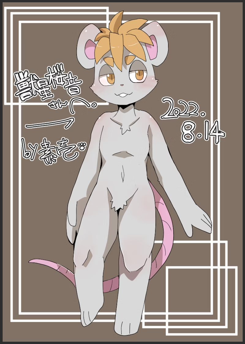 2022 3_toes blonde_hair blush buckteeth eyebrows featureless_crotch feet fur grey_body grey_fur hair happy japanese_text looking_at_viewer mammal mo_to_i_chi murid murine navel nude_male rat rodent simple_background tail teeth text toes translation_request yellow_eyes
