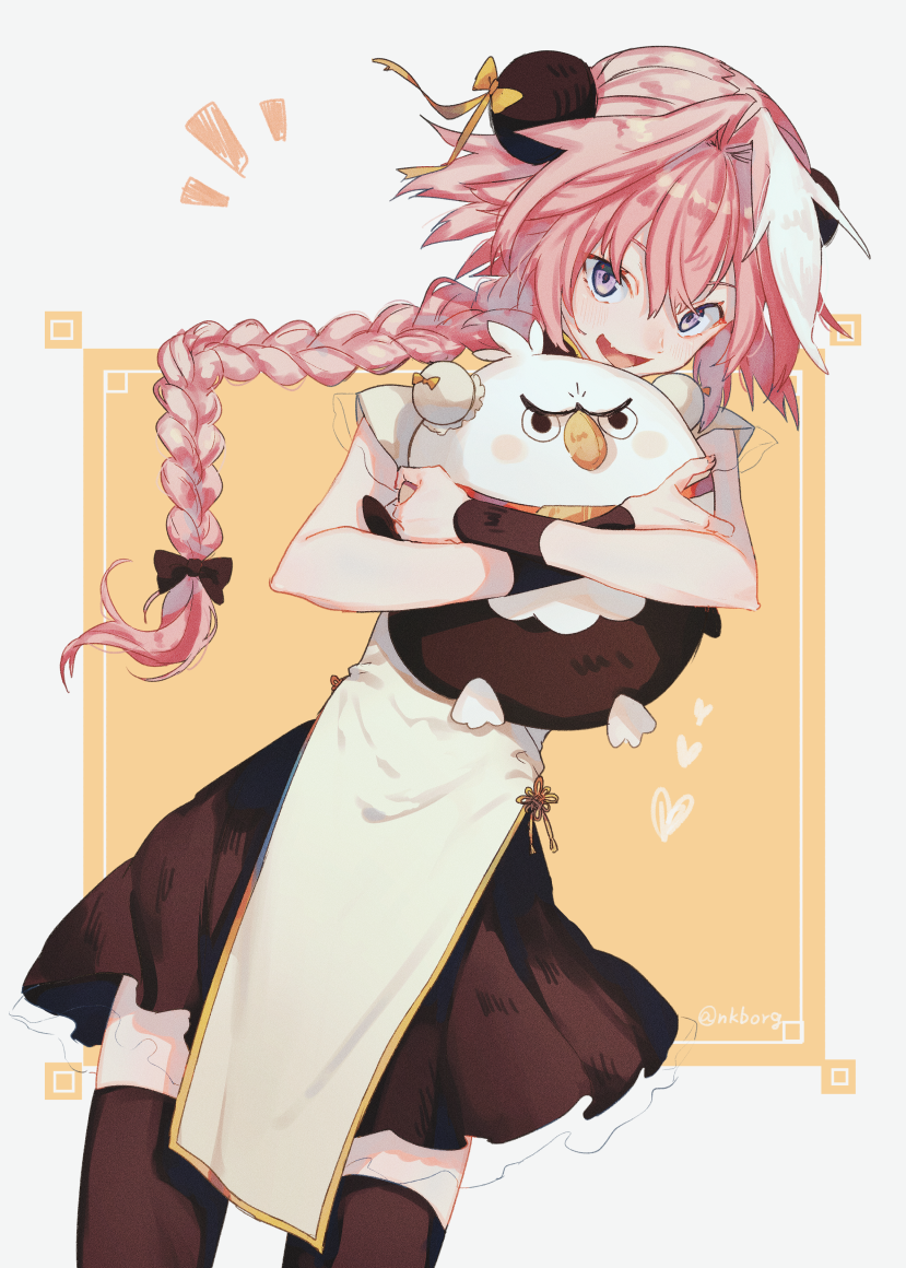 1boy archived_source astolfo_(fate) black_bow black_thighhighs bow braid bun_cover chinese_clothes double_bun dress fang fate/apocrypha fate/grand_order fate_(series) frilled_dress frills hair_bow hair_bun hair_intakes hippogriff holding holding_stuffed_toy hugging_object long_braid long_hair male_focus multicolored_hair nakaba_(mode) notice_lines objectification open_mouth otoko_no_ko pelvic_curtain pink_hair purple_eyes short_sleeves single_braid skin_fang smile solo streaked_hair stuffed_toy thighhighs twitter_username two-tone_hair white_hair yellow_bow zettai_ryouiki