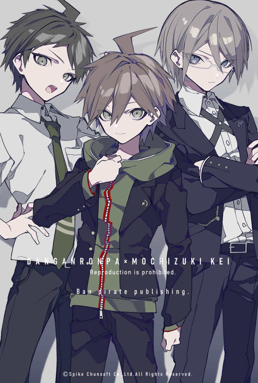 3boys ahoge artist_name belt belt_buckle black_belt black_jacket black_pants black_ribbon black_sleeves black_suit blazer blonde_hair blue_eyes brooch brown_hair buckle clenched_hand clenched_hands coattails collared_jacket collared_shirt commentary copyright_notice cowboy_shot crossed_arms danganronpa:_trigger_happy_havoc danganronpa_(series) danganronpa_2:_goodbye_despair english_text eyelashes glasses green_eyes green_jacket green_necktie grey_background hair_between_eyes hand_on_own_chest hand_on_own_hip height_difference highres hinata_hajime hood hood_down hooded_jacket jacket jewelry layered_sleeves long_sleeves looking_at_viewer male_focus mochizuki_kei multiple_boys naegi_makoto neck_ribbon necktie open_clothes open_jacket open_mouth pants pocket ribbon sample_watermark shadow shirt short_hair short_sleeves simple_background smile suit teeth togami_byakuya upper_teeth_only watermark white-framed_eyewear white_shirt white_sleeves zipper zipper_pull_tab