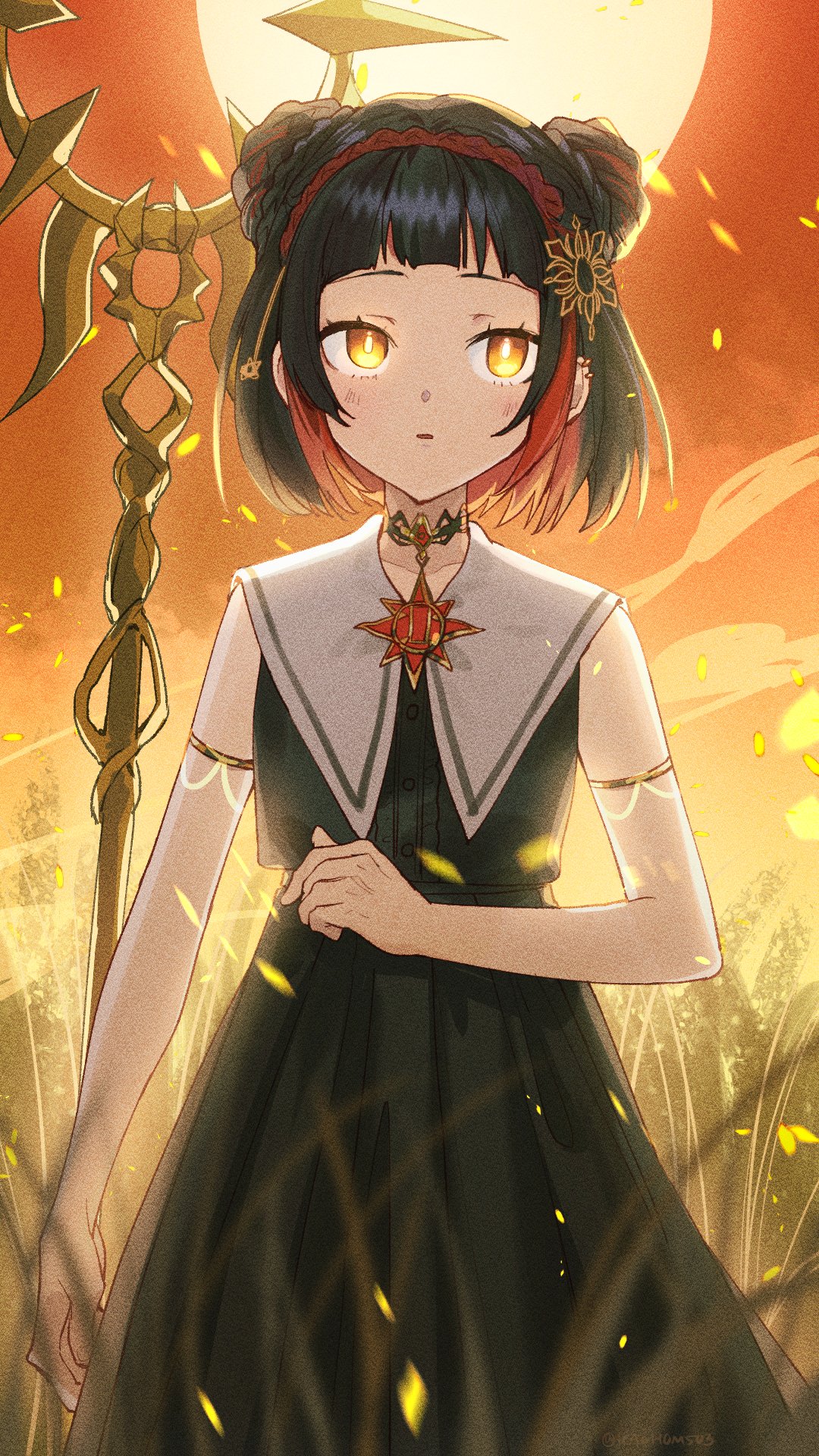 algorhythm_project black_hair black_shirt black_skirt choker double_bun fire hair_bun hairband highres holding holding_scepter kaohom503 multicolored_hair open_mouth red_hair scepter shirt skirt solar_(algorhythm_project) sun virtual_youtuber yellow_eyes