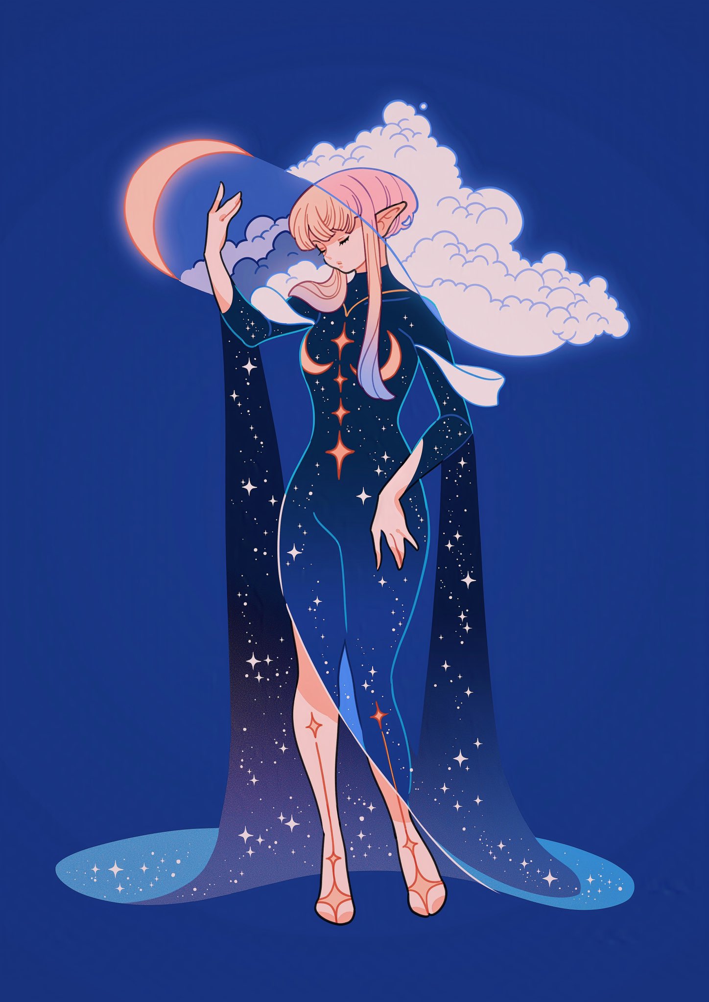blonde_hair blue_background blue_dress closed_eyes cloud crescent crescent_hat_ornament crescent_moon dress gradient_hair hat hat_ornament highres large_hat layered_sleeves long_dress long_sleeves meyoco moon multicolored_hair original pink_hair pointy_ears see-through short_hair short_hair_with_long_locks side_slit simple_background star_(sky) star_(symbol) two-tone_hair wide_brim yellow_footwear
