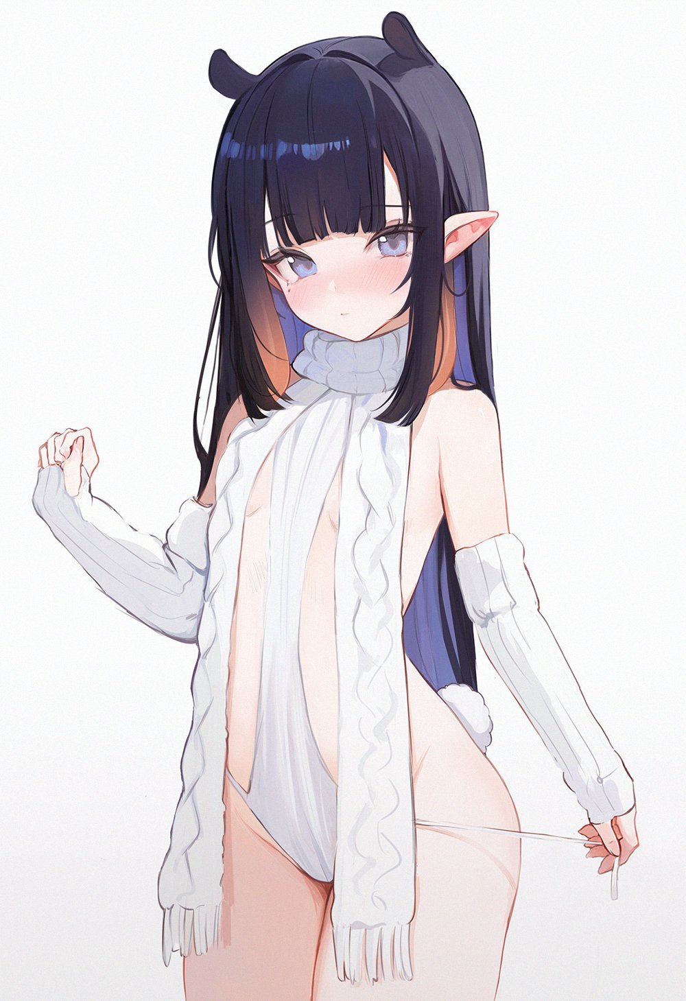 1girl blue_eyes blunt_bangs breasts detached_sleeves gradient_hair highres hololive hololive_english koahri long_hair looking_at_viewer meme_attire multicolored_hair ninomae_ina'nis orange_hair pointy_ears purple_hair rabbit_tail ribbed_sweater sidelocks small_breasts solo sweater tail tentacle_hair thighs turtleneck turtleneck_sweater very_long_hair virtual_youtuber white_sweater