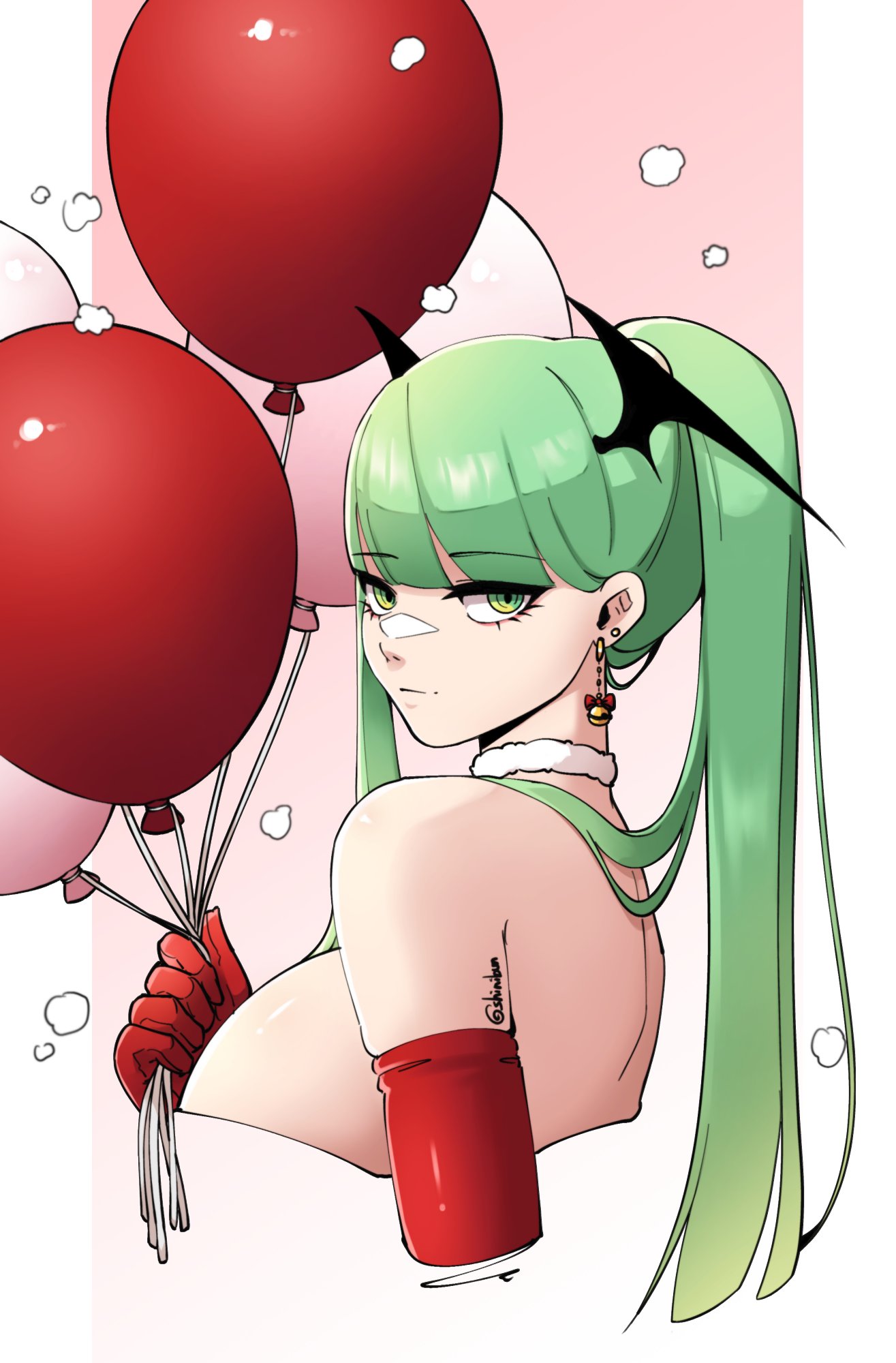 1girl balloon bare_shoulders blunt_bangs breasts earrings elbow_gloves gloves green_eyes green_hair head_wings high_ponytail highres holding holding_balloon jewelry large_breasts morrigan_aensland red_gloves shinibun solo twitter_username vampire_(game) wings