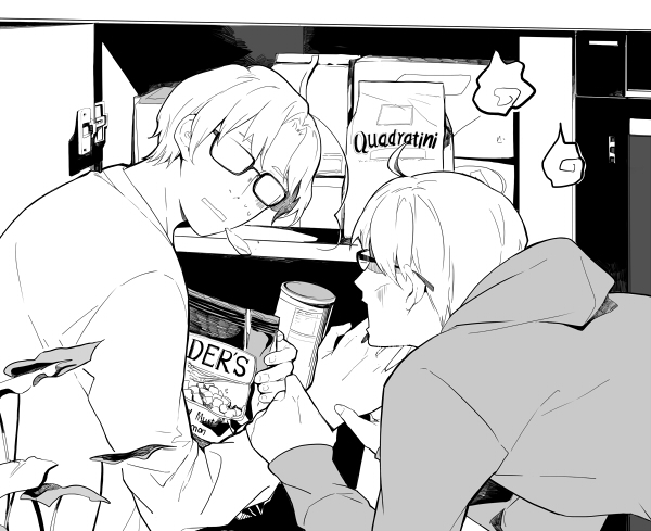 2boys a_woman_with_a_child_in_a_pantry ahoge america_(hetalia) axis_powers_hetalia bag can canada_(hetalia) commentary_request fingernails glasses greyscale holding holding_another's_wrist holding_bag hood hood_down hoodie long_sleeves looking_at_another male_focus monochrome multiple_boys nineo open_mouth shirt short_hair sigh snack upper_body