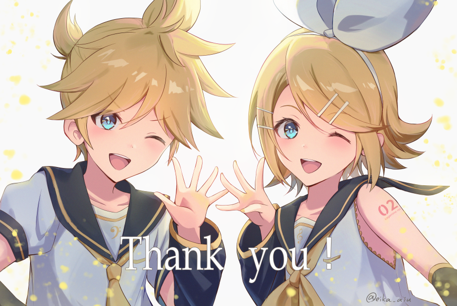 1boy 1girl aiu_eika blonde_hair blue_eyes blush bow_hairband detached_sleeves hair_ornament hairband hairclip kagamine_len kagamine_rin long_sleeves looking_at_viewer necktie one_eye_closed open_mouth ponytail sailor_collar shirt short_hair short_sleeves sleeveless sleeveless_shirt smile thank_you upper_body vocaloid