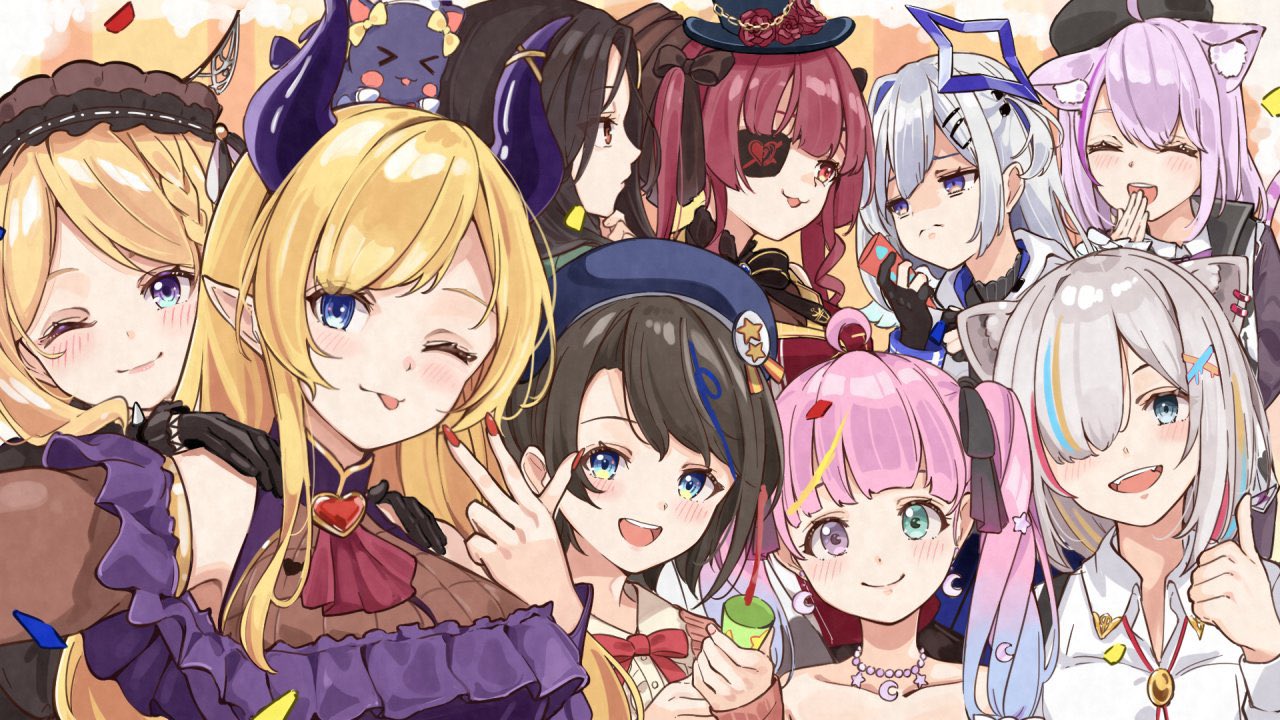 6+girls ;) ;p ahoge amane_kanata amane_kanata_(work) anbasa_(amaneyuz13) animal_ear_fluff animal_ears blonde_hair blue_eyes blue_hair bow bowtie cat_girl character_request closed_eyes collared_shirt covering_own_mouth crescent crescent_earrings crescent_necklace demon_girl demon_horns earrings eyepatch gradient_hair green_eyes grey_eyes grey_hair hair_over_one_eye halo hand_over_own_mouth heterochromia himemori_luna himemori_luna_(4th_costume) hololive horns houshou_marine houshou_marine_(gothic_lolita) jewelry lion_ears lion_girl long_hair multicolored_hair multiple_girls necklace nekomata_okayu official_alternate_costume official_alternate_hair_length official_alternate_hairstyle one_eye_closed oozora_subaru oozora_subaru_(casual) open_mouth party_popper pink_hair pointy_ears purple_eyes red_bow red_bowtie red_hair red_nails shirt shishiro_botan shishiro_botan_(button-down) short_hair smile star_(symbol) star_halo star_necklace streaked_hair swept_bangs thumbs_up tongue tongue_out twintails virtual_youtuber w white_shirt yozora_mel yuzuki_choco