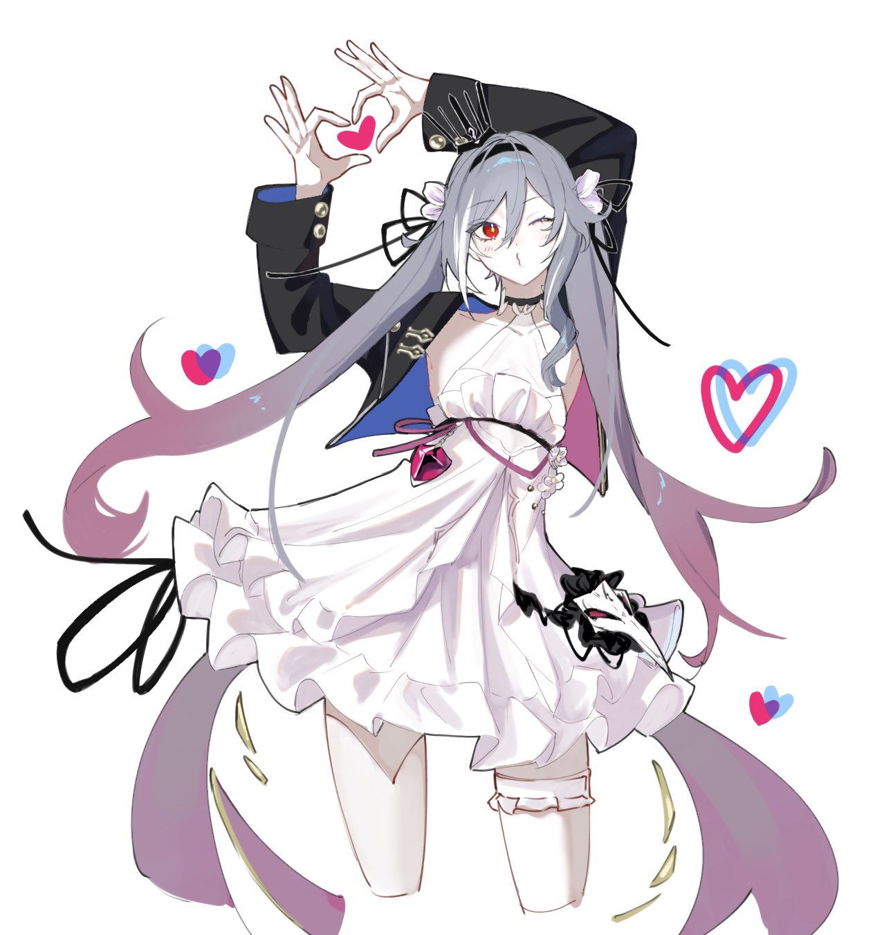 1girl arms_up black_hairband black_jacket closed_mouth collarbone commentary covered_collarbone cropped_jacket cropped_legs dress fu_hua fu_hua_(herrscher_of_sentience) gradient_hair grey_hair hair_between_eyes hairband heart heart_hands highres honkai_(series) honkai_impact_3rd jacket long_hair multicolored_hair one_eye_closed open_clothes open_jacket pink_hair puckered_lips red_eyes sho_2nini simple_background sleeveless sleeveless_dress solo standing symbol-only_commentary very_long_hair white_background white_dress