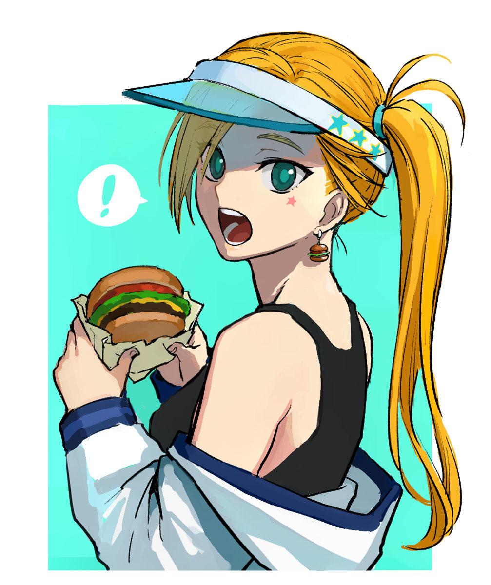 ! 1girl aqua_background aqua_eyes b_suke black_tank_top blonde_hair burger burger_earrings calamity_jane_(fate) fate/grand_order fate_(series) food highres holding holding_food jacket jacket_partially_removed looking_at_viewer medium_hair one_side_up open_mouth simple_background solo spoken_exclamation_mark star_(symbol) tank_top upper_body visor_cap white_jacket