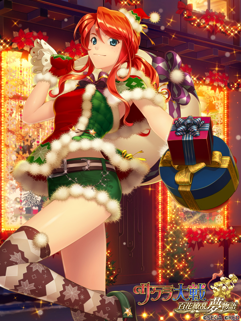 1girl asymmetrical_tank_top beads belt black_belt black_footwear blue_eyes bow bowtie box capelet christmas christmas_stocking commentary copyright_name copyright_notice diamond_(shape) diamond_pattern diamond_print english_text flower freckles fuzzy_clothes game_cg gemini_sunrise gift gift_box gloves green_capelet green_shorts hair_between_eyes hair_tie hat hat_ribbon highres holding holding_gift holding_sack lace-trimmed_sack leg_up lights logo looking_at_viewer mittens night official_art outdoors outstretched_arm pocket pom_pom_(clothes) purple_bow purple_bowtie red_flower red_gloves red_hair red_mittens red_ribbon ribbon sack sakura_taisen sakura_taisen_v santa_hat sega short_shorts shorts sidelocks sliver_buckle small_headwear smile snowflake_ornament snowflake_print snowflake_print_capelet snowflake_print_legwear snowing solo sparkle standing standing_on_one_leg star_ornament strapless striped_belt thighhighs tree two-tone_tube_top wavy_ends wavy_hair wavy_sidelocks white_pom_poms window yellow_ribbon yuasa_tsugumi