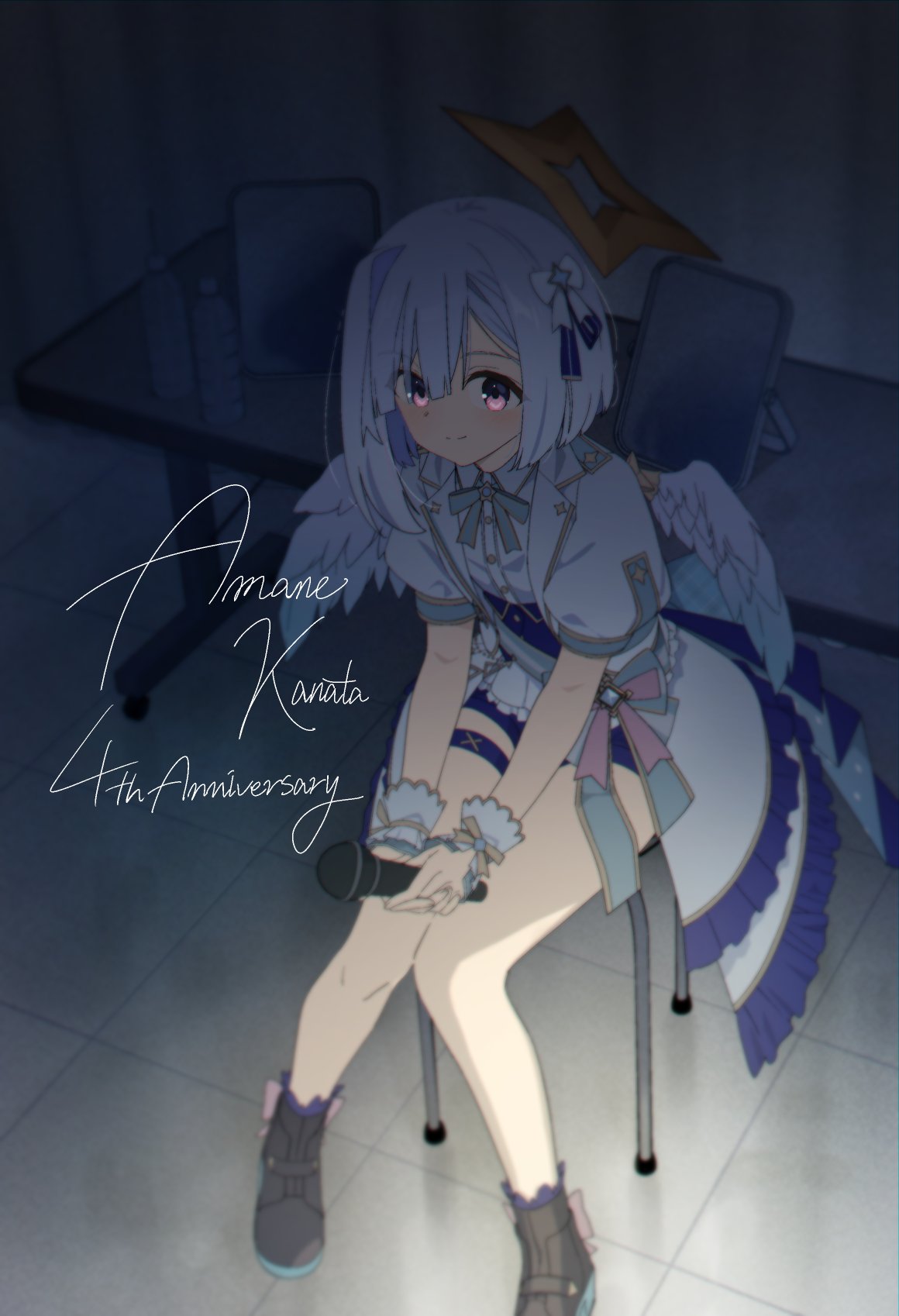 1girl amane_kanata angel angel_wings anniversary asymmetrical_bangs black_footwear blue_hair bottle bow bowtie character_name collared_shirt colored_inner_hair curtains feathered_wings gradient_wings grey_hair gulim hair_bow halo highres holding holding_microphone hololive light_smile looking_at_viewer microphone mini_wings mirror multicolored_hair multicolored_wings puffy_short_sleeves puffy_sleeves purple_eyes shirt short_hair short_sleeves single_hair_intake sitting solo star_halo table thigh_strap virtual_youtuber water_bottle white_shirt white_wings wings