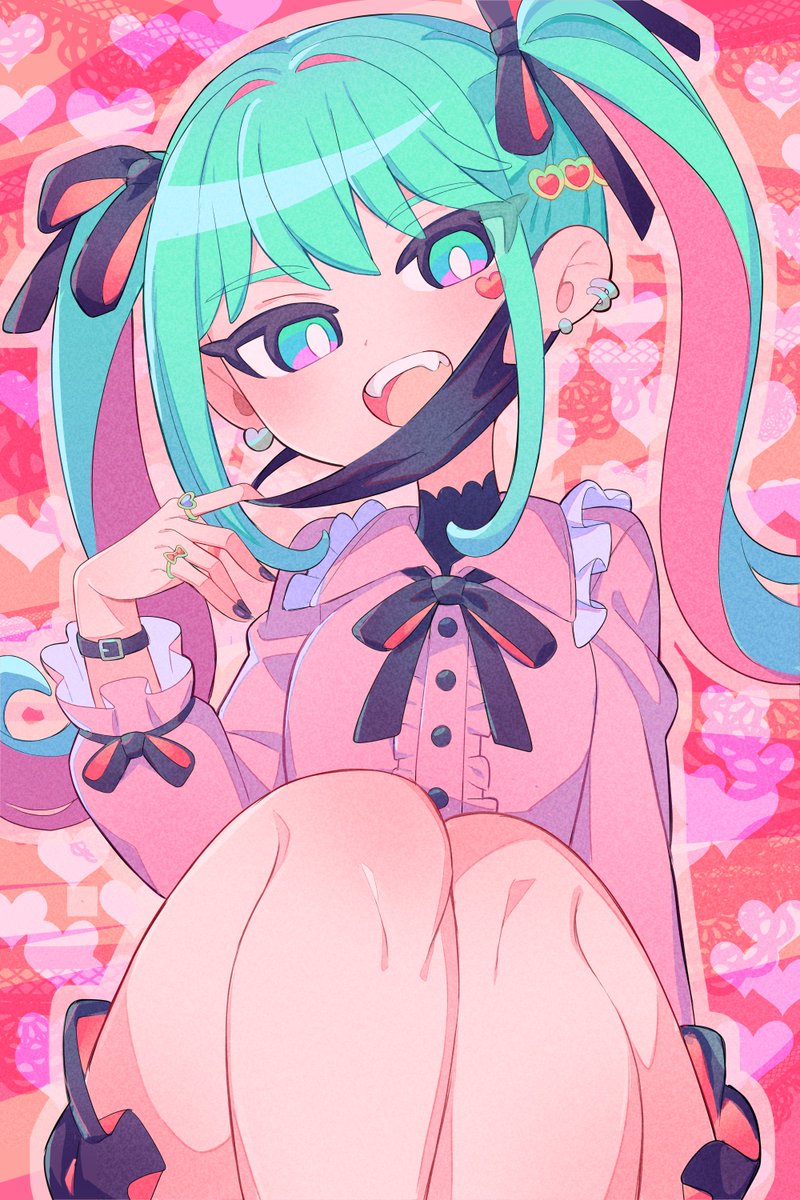 1girl blue_eyes blue_hair bracelet center_frills collared_shirt colored_inner_hair commentary earrings fangs frills hair_ornament hair_ribbon hatsune_miku heart heart_earrings heart_hair_ornament highres jewelry knees_up long_hair long_sleeves looking_at_viewer mask mask_pull mouth_mask multicolored_hair multiple_rings nail_polish neck_ribbon nishitin open_mouth pink_hair ribbon ring shirt sitting skirt smile solo two-tone_hair vampire_(vocaloid) vocaloid
