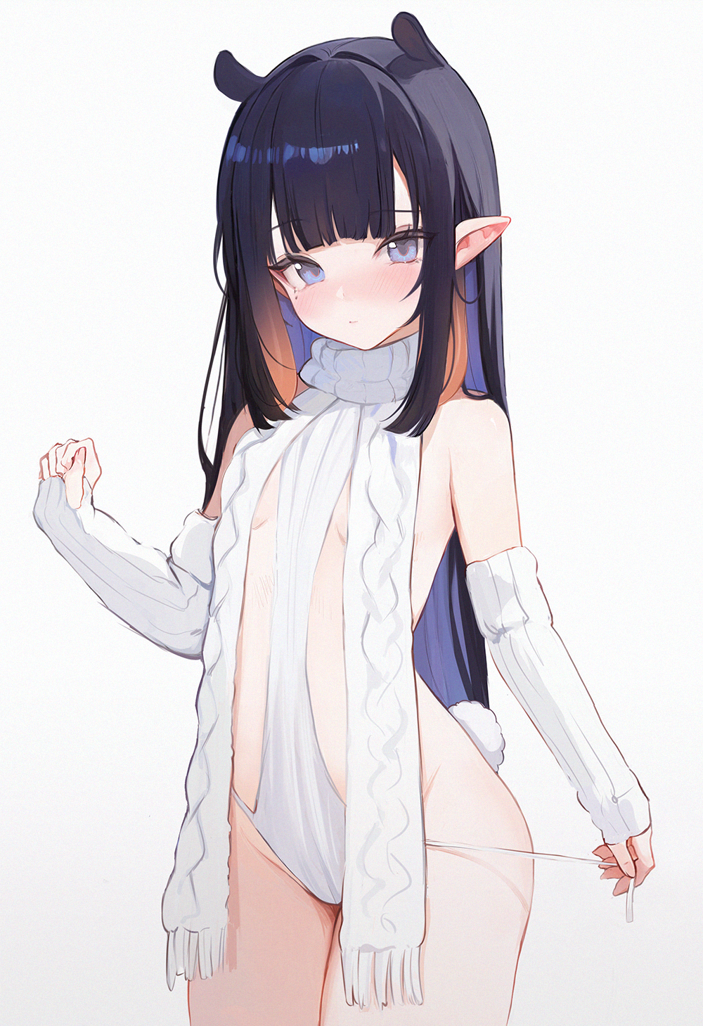 1girl blue_eyes blunt_bangs blush breasts closed_mouth detached_sleeves gradient_hair highres hololive hololive_english koahri long_hair looking_at_viewer mole mole_under_eye multicolored_hair ninomae_ina'nis orange_hair pointy_ears purple_hair revealing_clothes scarf small_breasts solo tentacle_hair very_long_hair virgin_terminator_sweater virtual_youtuber white_background