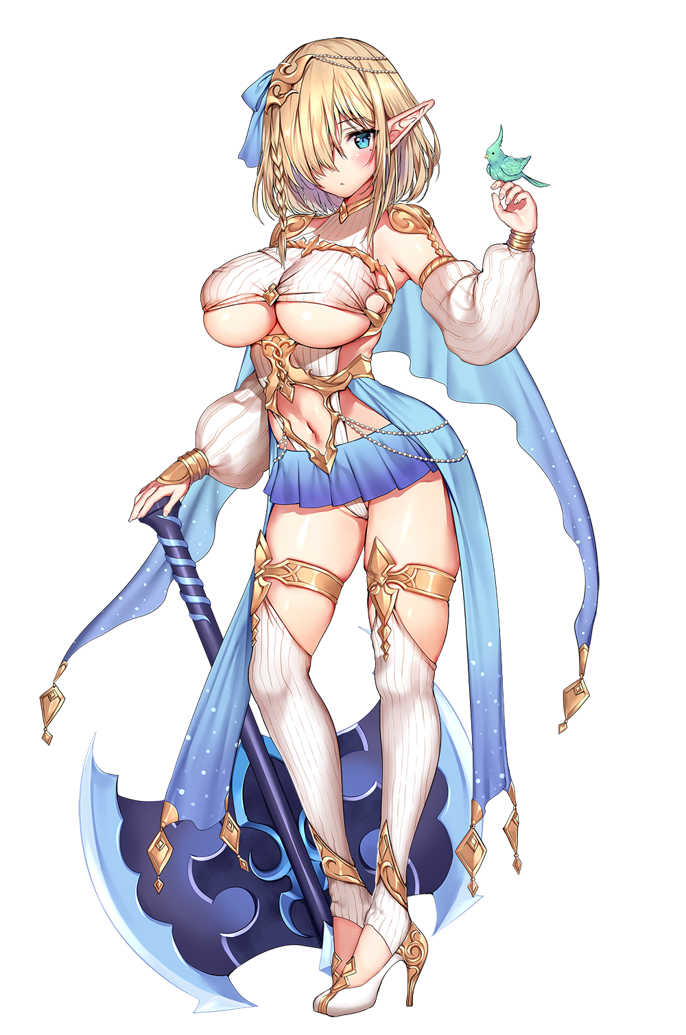 1girl animal artist_name axe battle_axe bird blonde_hair blue_eyes blue_skirt blush braid breasts cape closed_mouth detached_sleeves elf elf_village fingernails full_body groin hair_ornament hair_over_one_eye hand_up high_heels highres kukuru_(elf_village) large_breasts leotard long_sleeves looking_at_viewer mataro_(matarou) microskirt midriff mole mole_under_eye navel official_art original pointy_ears revealing_clothes ribbed_legwear ribbed_leotard shiny_skin short_hair sidelocks signature skindentation skirt solo standing stomach thighhighs thighlet thighs transparent_background underboob weapon white_thighhighs