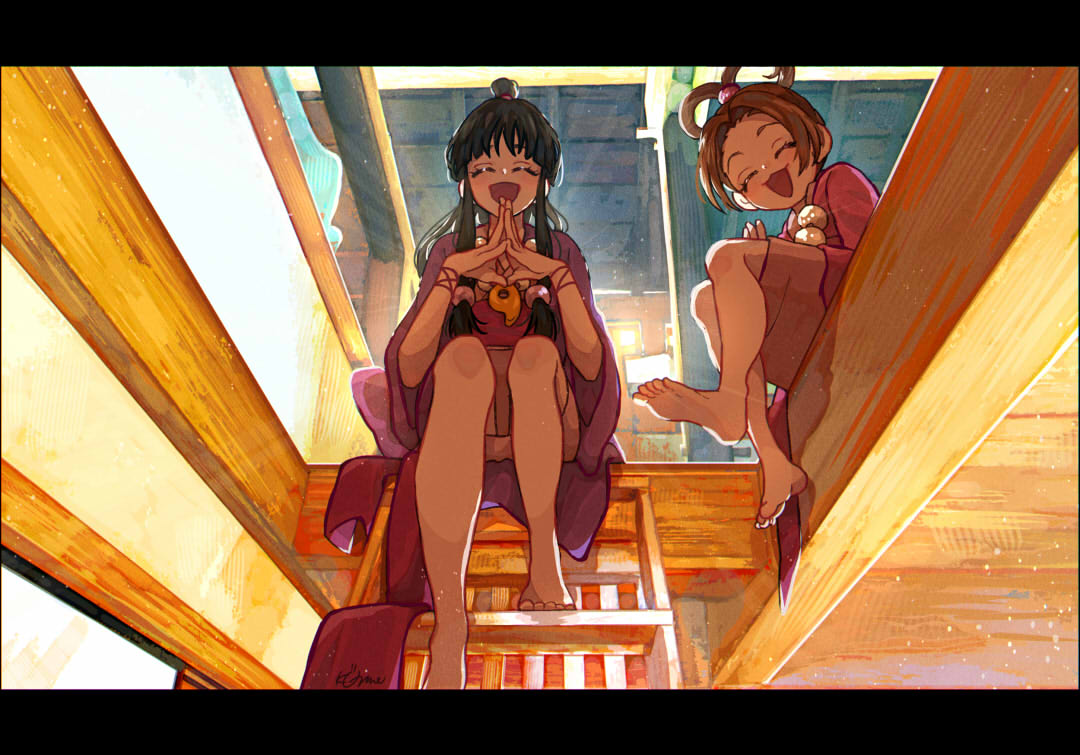 1nwe9 2girls :d ace_attorney barefoot black_hair brown_hair child closed_eyes cousins facing_viewer hair_rings indoors japanese_clothes jewelry kimono long_hair magatama magatama_necklace maya_fey multiple_girls necklace own_hands_together pearl_fey purple_kimono short_hair sidelocks sitting smile steepled_fingers