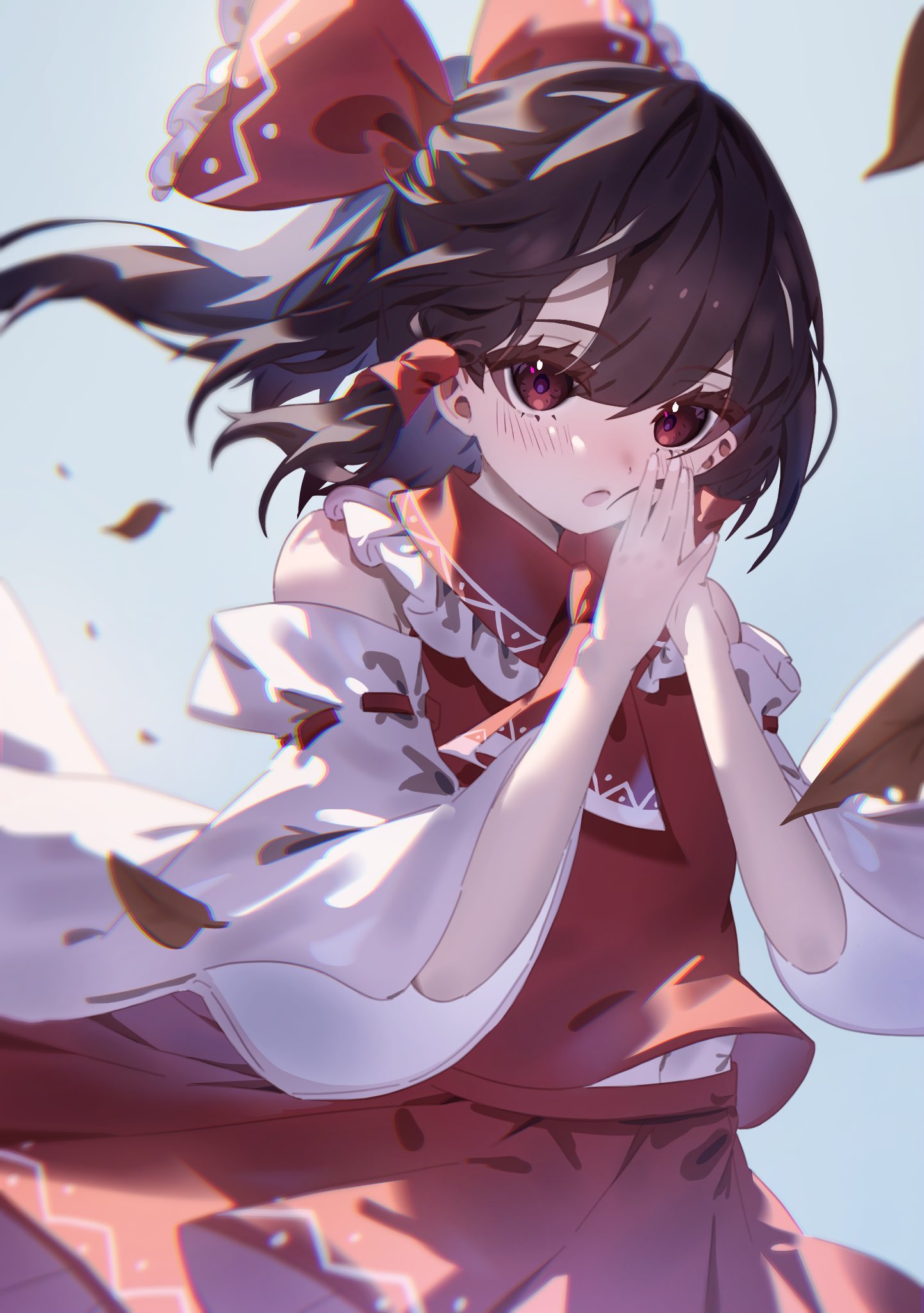 1girl ascot blush bow brown_hair commentary_request detached_sleeves falling_leaves frilled_bow frills hair_bow hair_tubes hakurei_reimu highres leaf long_hair open_mouth own_hands_together rakugakiman2222 red_bow red_eyes red_skirt ribbon-trimmed_sleeves ribbon_trim skirt skirt_set solo touhou