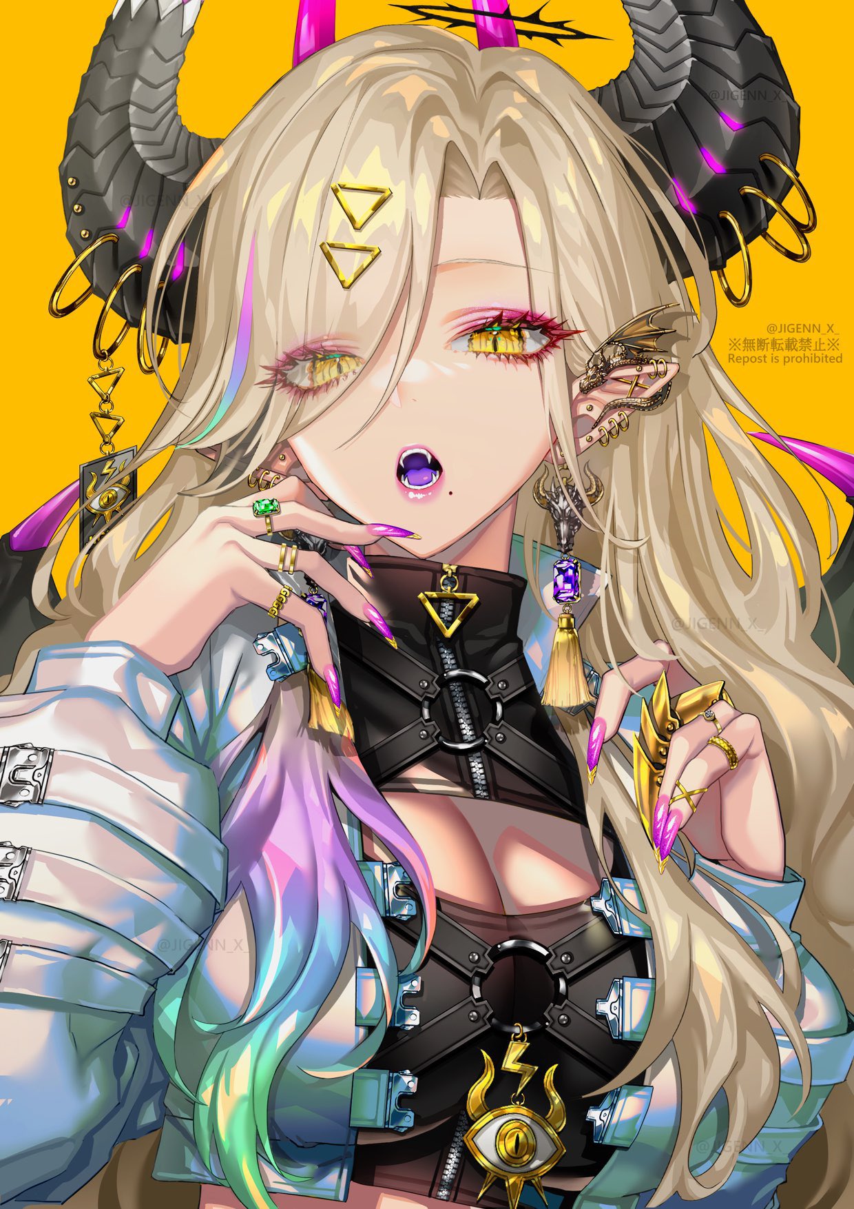 1girl barbell_piercing blonde_hair breasts cleavage cleavage_cutout clothing_cutout comitia commentary_request crop_top cropped_jacket dragon_girl dragon_horns ear_ornament ear_piercing earrings eyelashes eyeshadow fangs fingernails gem green_gemstone hair_over_one_eye highres horn_ornament horn_ring horns industrial_piercing jewelry jigenn large_breasts lightning_bolt_symbol long_hair long_sleeves looking_at_viewer makeup mole mole_under_mouth multicolored_hair multiple_earrings multiple_rings nail_polish open_mouth original piercing pink_nails pointy_ears purple_gemstone ring slit_pupils solo streaked_hair tassel twitter_username upper_body wings yellow_background yellow_eyes zipper