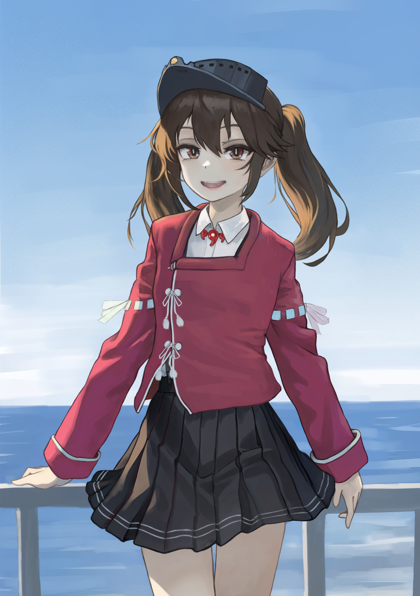 1girl black_skirt blue_sky brown_eyes brown_hair cloud collared_shirt commentary_request day dress_shirt horizon japanese_clothes kantai_collection kariginu long_hair magatama nito_(nshtntr) ocean open_mouth outdoors pleated_skirt railing red_shirt ryuujou_(kancolle) shirt skirt sky smile solo standing twintails visor_cap white_shirt