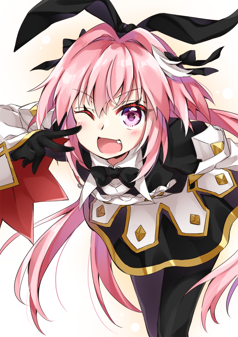 1boy animal_ears astolfo_(fate) astolfo_(saber)_(fate) astolfo_(saber)_(third_ascension)_(fate) black_bow black_bowtie black_gloves black_pantyhose blush bow bowtie cowboy_shot dress eyelashes fake_animal_ears fang fate/grand_order fate_(series) finger_to_cheek gloves gold_trim hair_between_eyes hair_bow hair_intakes highres inumine_aya long_hair male_focus multicolored_hair one_eye_closed open_mouth otoko_no_ko pantyhose pink_hair purple_eyes rabbit_ears solo streaked_hair twintails two-tone_hair very_long_hair white_hair wide_sleeves wing_collar