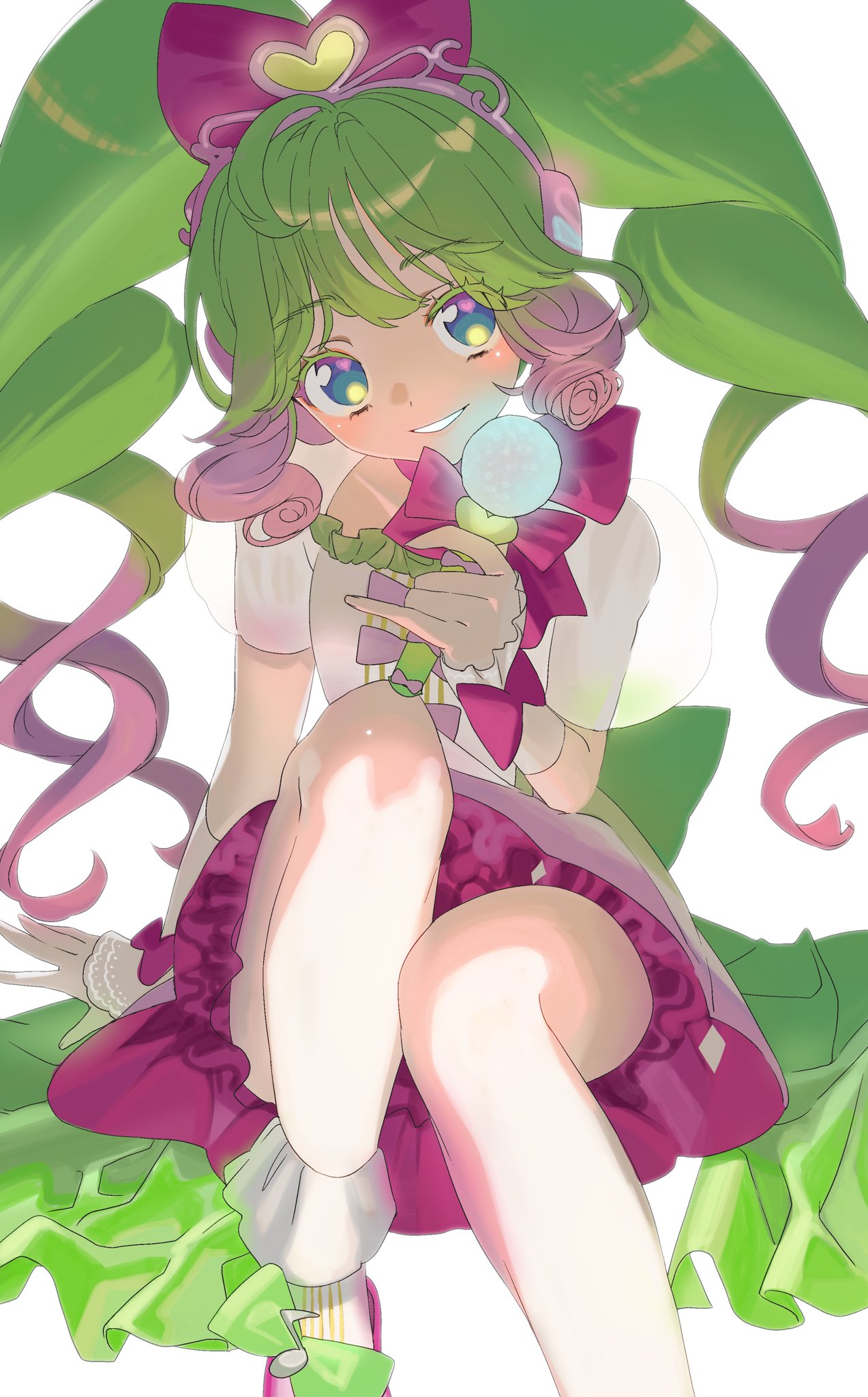 1girl blue_eyes bow commentary_request dress frilled_dress frills gradient_hair green_bow green_hair hair_bow highres holding holding_microphone laalulu long_hair looking_at_viewer microphone multicolored_hair open_mouth pink_bow pink_footwear pretty_series pripara puffy_short_sleeves puffy_sleeves see-through see-through_sleeves shoes short_sleeves sitting smile socks solo tenmoku_(poku_yoani) twintails white_background white_socks