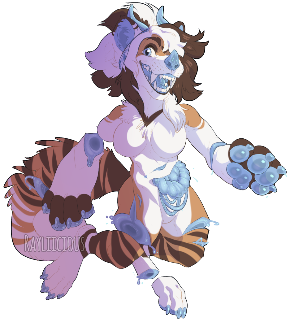 alpha_channel anthro big_fangs blue_claws blue_eyes blue_flesh blue_guts blue_horn blue_nose blue_pawpads brown_body brown_fur brown_markings brown_stripes brown_tail candy_gore claws fangs female front_view fur glistening glistening_eyes gore guts horn looking_aside markings multicolored_body multicolored_fur open_mouth open_smile orange_body orange_fur orange_tail organs pawpads rayliicious simple_background smile solo stripes tail teeth transparent_background white_body white_fur white_markings white_stripes white_tail wounded