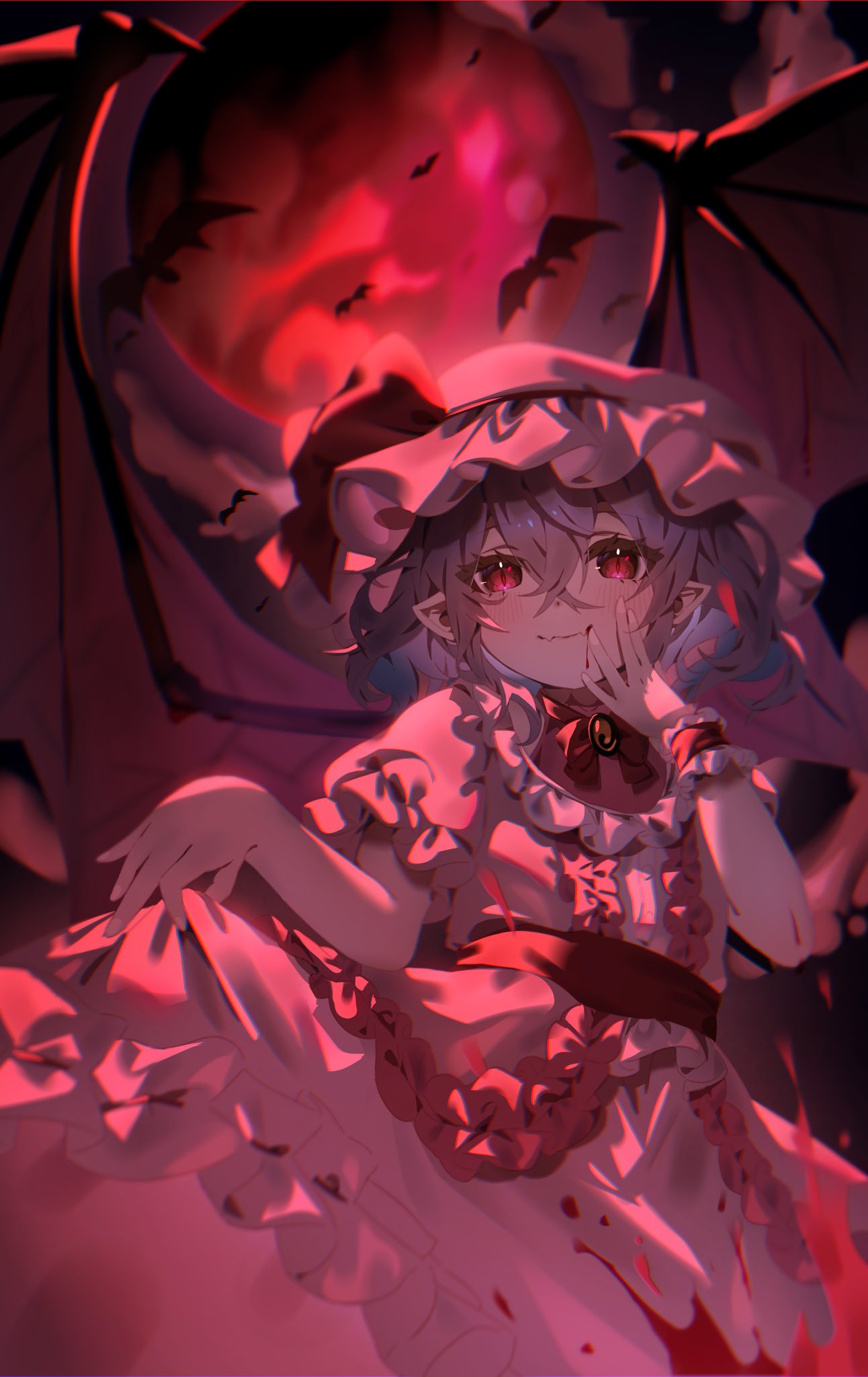 1girl bat_(animal) bat_wings blood blood_on_face blue_hair brooch closed_mouth commentary_request fang full_moon hat hat_ribbon highres jewelry medium_hair mob_cap moon pointy_ears rakugakiman2222 red_eyes red_moon remilia_scarlet ribbon short_sleeves single_wrist_cuff skin_fang skirt_hold slit_pupils smile solo touhou wings wrist_cuffs