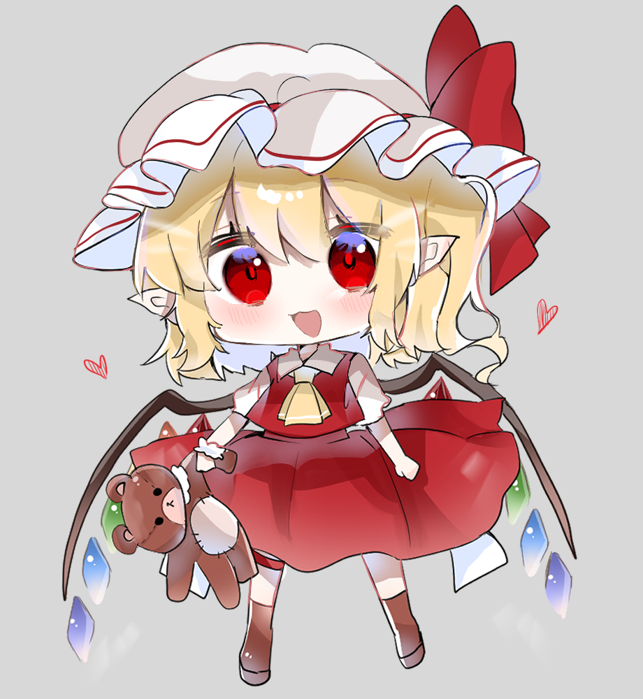 1girl ascot blonde_hair chibi crystal flandre_scarlet hat hat_ribbon holding mob_cap multicolored_wings one_side_up open_mouth puffy_short_sleeves puffy_sleeves ramochi red_eyes red_skirt red_vest ribbon short_sleeves side_ponytail skirt skirt_set solo stuffed_animal stuffed_toy teddy_bear touhou vest white_hat wings yellow_ascot
