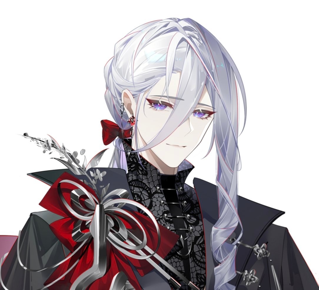 1boy alternate_costume ban_tang_siji_qing black_coat black_shirt bow brooch cael_anselm closed_mouth coat dangle_earrings drill_hair drill_sidelocks earrings hair_behind_ear hair_between_eyes hair_ribbon jewelry lace_shirt lapel_pin long_bangs long_coat long_hair long_sleeves looking_at_viewer lovebrush_chronicles low_ponytail male_focus purple_eyes red_bow red_ribbon ribbon shirt sidelocks simple_background single_sidelock smile solo upper_body white_background white_hair