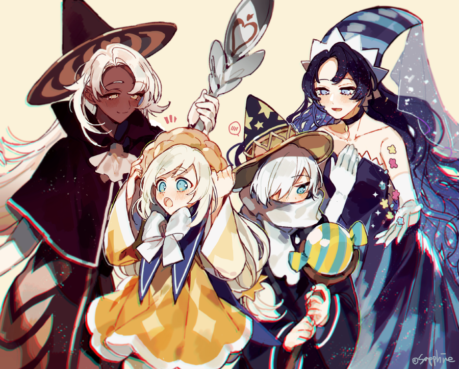 1boy 3girls blue_cape blue_eyes blue_hair blush bow bowtie brown_eyes brown_hat cape closed_mouth cookie_run cream_puff_cookie dark-skinned_female dark_skin dress food-themed_hat hat humanization latte_cookie long_hair long_sleeves low-tied_long_hair moonlight_cookie multiple_girls open_mouth orange_dress sapphire_(nine) smile very_long_hair white_bow white_bowtie white_hair witch_hat wizard_cookie wizard_hat