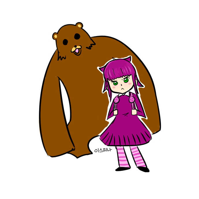 1girl annie annie_hastur backpack bag child green_eyes ispina league_of_legends loli looking_at_viewer pantyhose pedobear purple_hair randoseru simple_background striped striped_legwear striped_pantyhose tibbers white_background