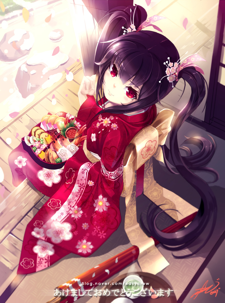 akeome black_hair bow closed_umbrella cup door easy_(easycrew) flower food from_above green_tea hair_flower hair_ornament hair_ribbon happy_new_year holding japanese_clothes kimono kooh leaf long_hair looking_at_viewer looking_back new_year obentou obi oriental_umbrella pangya patterned pillar red_eyes ribbon rock sash signature sitting smile snow solo tea translated tray twintails umbrella watermark web_address wooden_floor yunomi