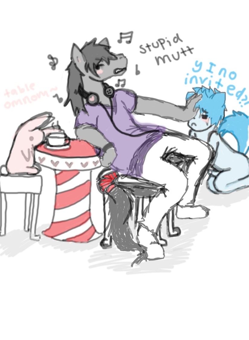 ace_(forgottenhusky) ambiguous_gender annoyed anthro bipedal black black_fur black_hair blue blue_fur blue_penis blue_skin blush blush_stickers bully cafe canine chair cup cute darc digital_drawing_(art) digital_media_(art) dog equine erection feral fluffbob_tail fluffy_tail forgottenhusky_(artist) front_view frown fur hair headphones horse husky kneeling lagomorph male mammal mean mixed_media musical_note nude party penis pink_penis plushie pout pouting purple_shirt quadruped rabbit reclining rejection sad shove side_view sitting sketch stool table tail_wrap tea text three-quarter_view two_tone_penis uncut white_pants