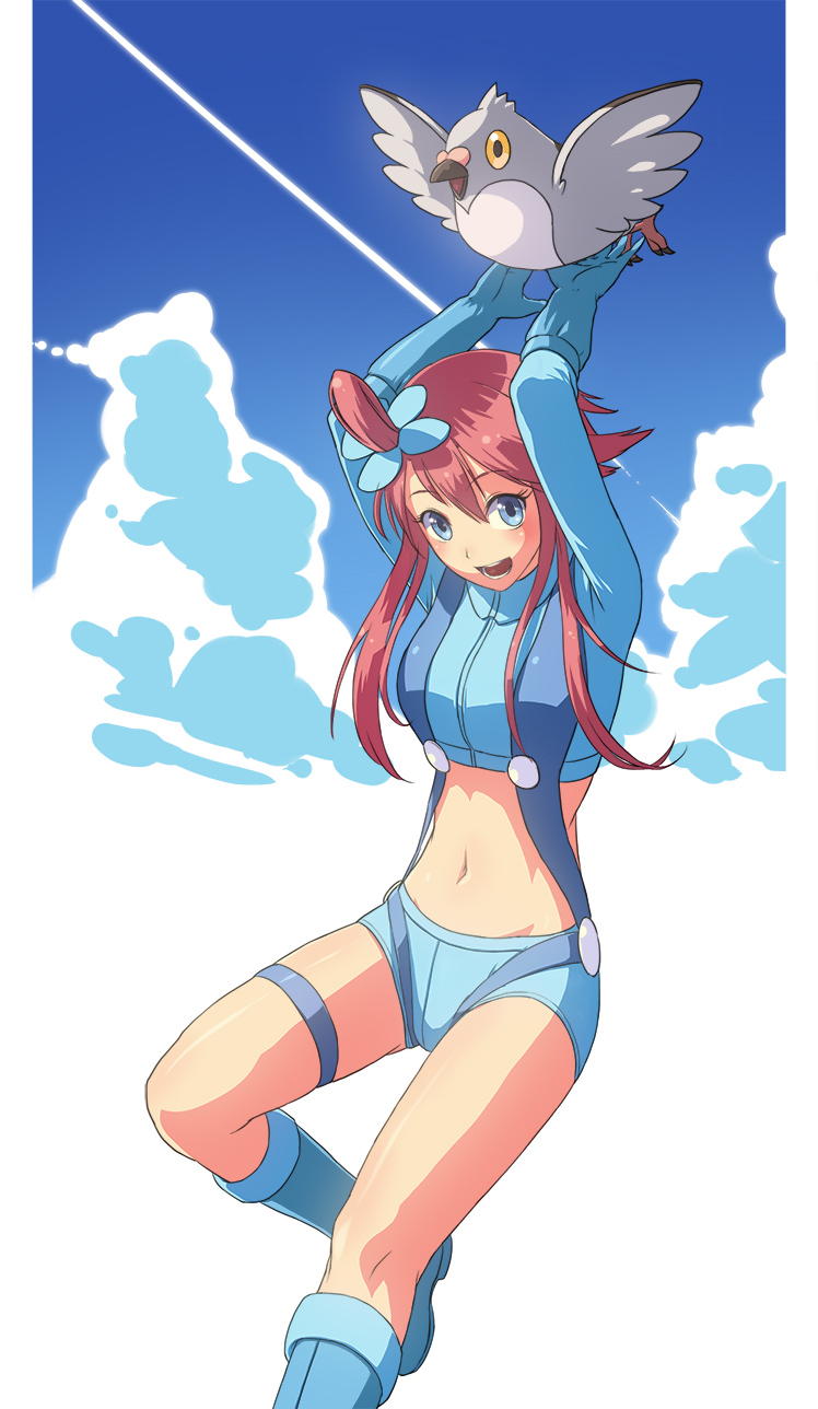 blue_eyes blue_footwear boots breasts cuboon fuuro_(pokemon) gen_5_pokemon gloves gym_leader hair_ornament highres large_breasts midriff pidove pokemon pokemon_(creature) pokemon_(game) pokemon_bw red_hair shorts suspenders