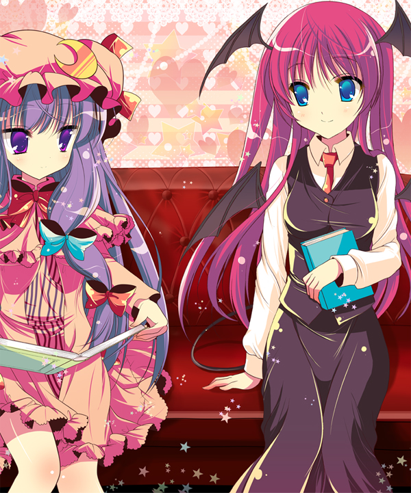 alternate_eye_color aqua_bow bangs bat_wings black_skirt black_tail black_vest black_wings book bow breasts capelet collared_shirt commentary_request couch crescent crescent_moon_pin dress_shirt eye_contact feet_out_of_frame frilled_capelet frills hat head_wings heart heart_background holding holding_book horizontal-striped_background knees_together_feet_apart koakuma lace_border lavender_hair long_hair long_skirt long_sleeves looking_at_another looking_to_the_side medium_breasts mob_cap multi-tied_hair multiple_girls multiple_wings necktie on_couch open_book patchouli_knowledge pink_capelet pink_hat pinstripe_pattern purple_eyes red_bow red_neckwear shirt shiwasu_horio sitting skirt skirt_set smile star striped tail taut_vest touhou very_long_hair vest white_shirt wing_collar wings