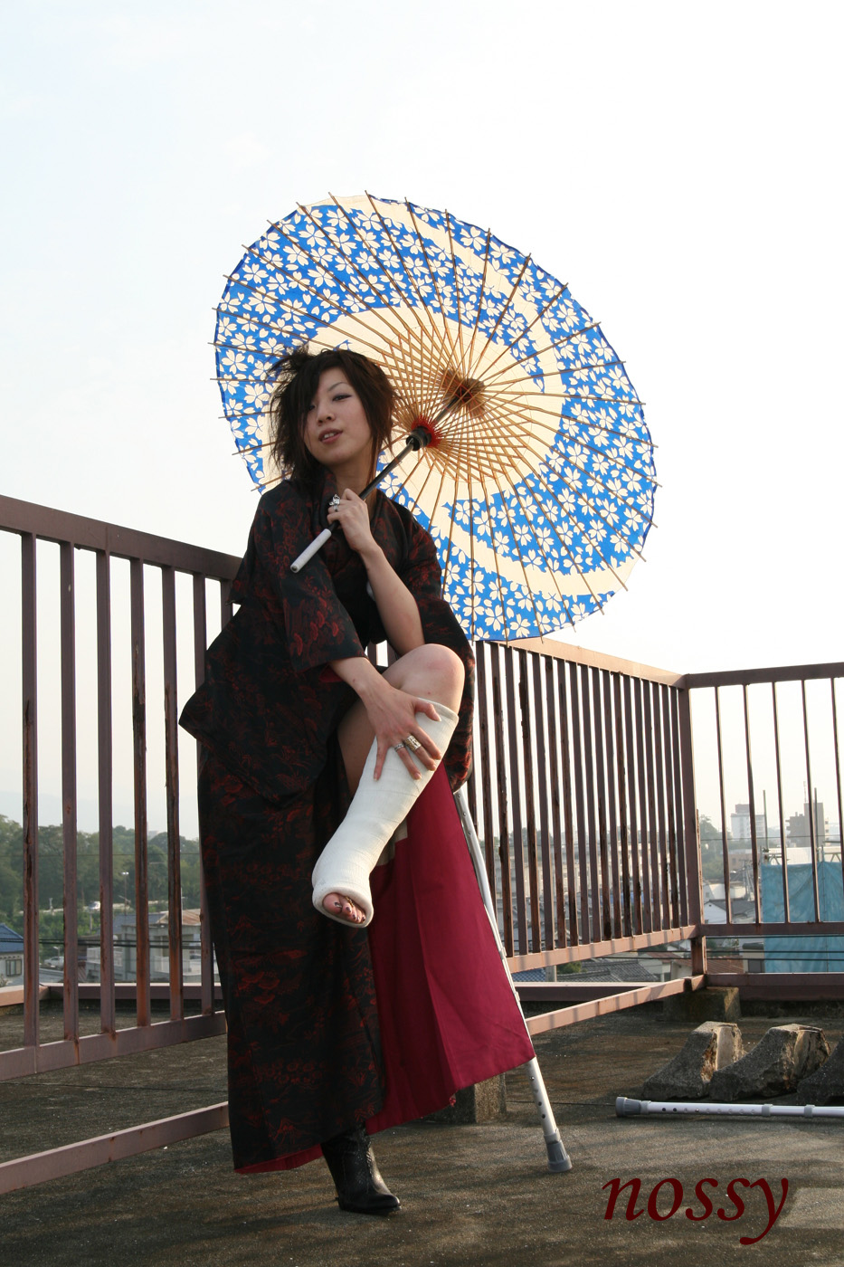 cast crutch crutches highres japanese_clothes kimono photo shizuka umbrella