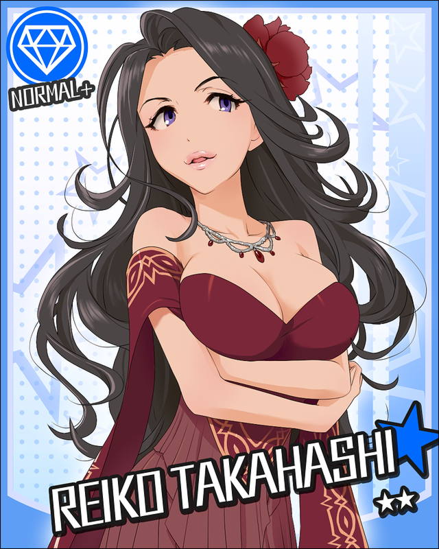 artist_request bare_shoulders black_hair breasts card_(medium) character_name cleavage crossed_arms diamond_(symbol) dress flower hair_flower hair_ornament idolmaster idolmaster_cinderella_girls jewelry jpeg_artifacts large_breasts lips long_hair necklace official_art purple_eyes red_ballad smile solo star takahashi_reiko