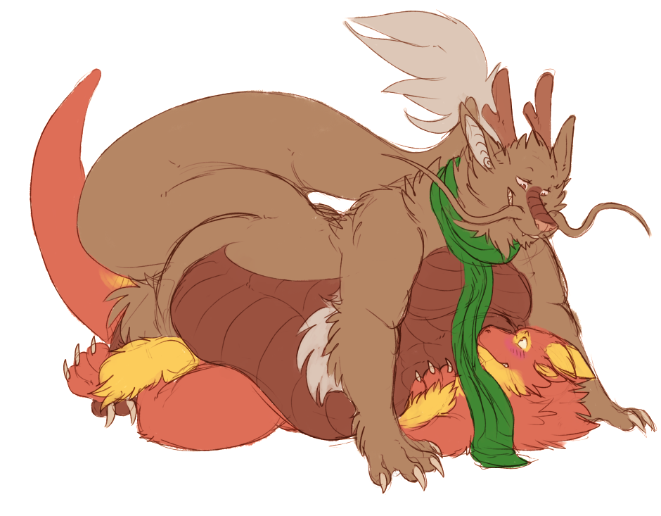 bazz berlin chinese_dragon chubby cuddle cuddling dragon horn hug male nixx_(character) nude obese overweight pinned plain_background scarf snuggle squash squish thick_tail tuft white_background