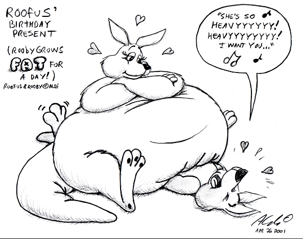 &hearts; aldi birthday butt_crush dialog dialogue fat_tail female happy kangaroo male mammal marsupial nude obese overweight pinned rooby roofus singing sitting squash squish text thick_tail weight_gain