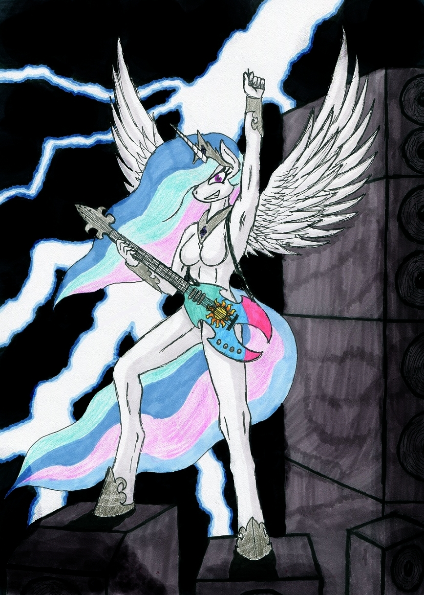 anthrofied breasts crown damn-yuki damn_yuki equine female friendship_is_magic fur guitar hair horn horse mammal multi-colored_hair my_little_pony pegacorn pony princess princess_celestia_(mlp) purple_eyes royalty solo thunder white white_feathers white_fur winged_unicorn wings