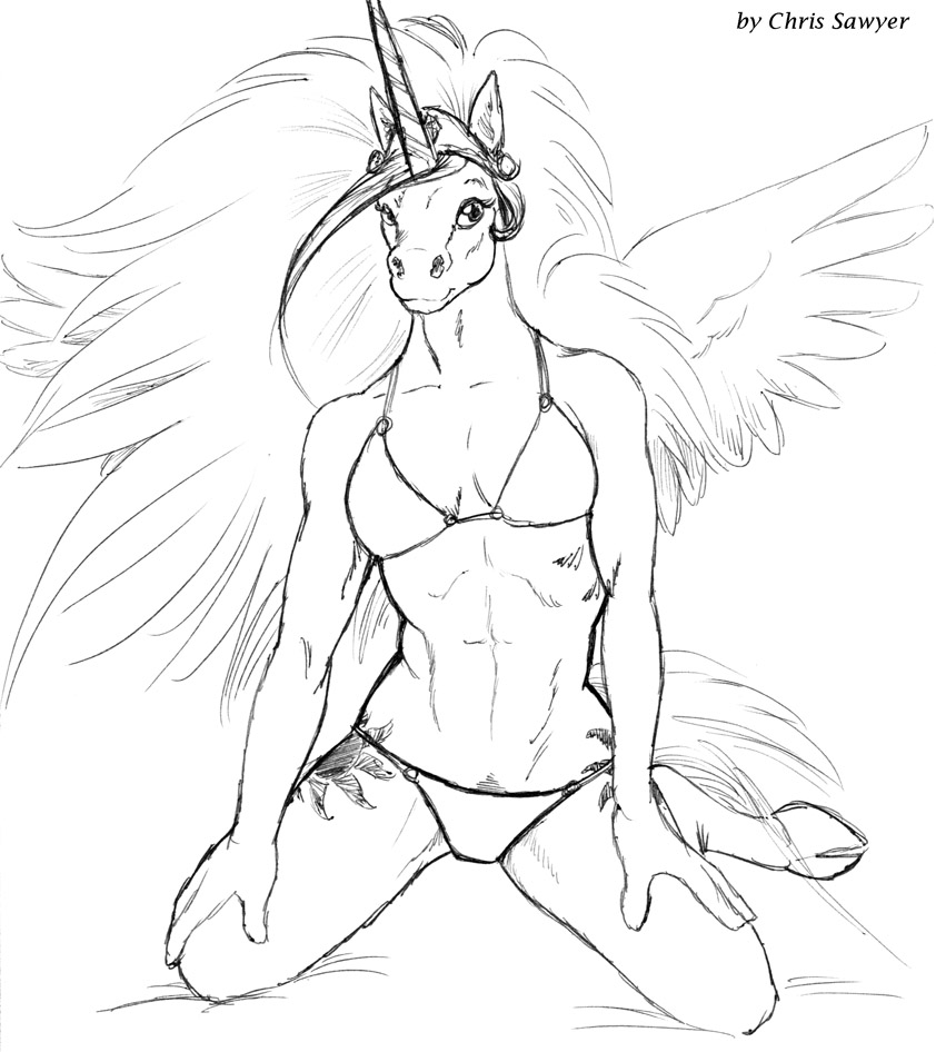 abs bikini black_and_white breasts chris_sawyer cutie_mark equine female friendship_is_magic hooves horn horse kneeling monochrome my_little_pony pegacorn princess_celestia_(mlp) sketch skimpy small_breasts solo wings