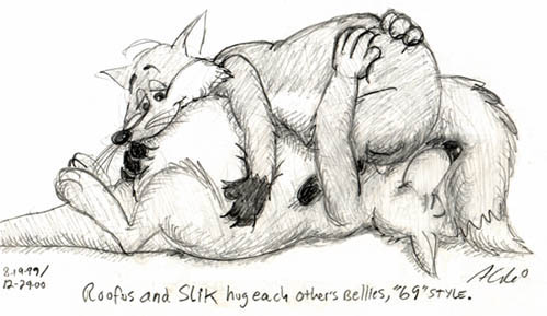 anthro belly belly_hug belly_rub canine chubby cuddle cuddling duo fox hug kangaroo male mammal marsupial nude overweight roofus slik snuggle