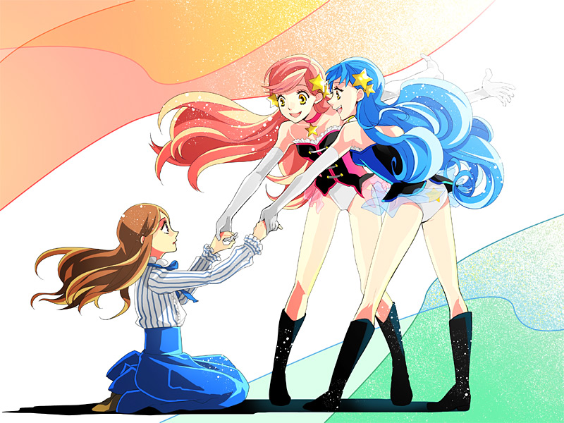 blue_hair boots brown_hair double-h_(mawaru_penguindrum) dress hair_ornament holding_hands isora_hibari kneeling leotard long_hair long_legs mawaru_penguindrum multiple_girls red_hair takakura_himari utada_hikari yellow_eyes yuzuru86