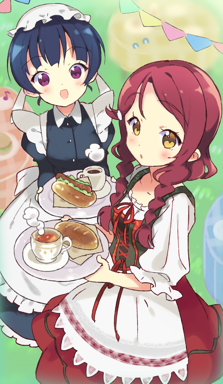 2girls :d :o alternate_hairstyle apron bangs black_dress blue_hair blush braid bread cross-laced_clothes cup dress flying_sweatdrops food hair_ornament hair_up hairclip hat highres holding holding_tray long_hair long_sleeves looking_at_viewer love_live! love_live!_sunshine!! maid mug multiple_girls napkin neck_ribbon open_mouth purple_eyes rassie_s red_dress red_hair red_neckwear ribbon sakurauchi_riko saucer short_sleeves smile string_of_flags teacup tray tsushima_yoshiko twin_braids waist_apron white_hat yellow_eyes