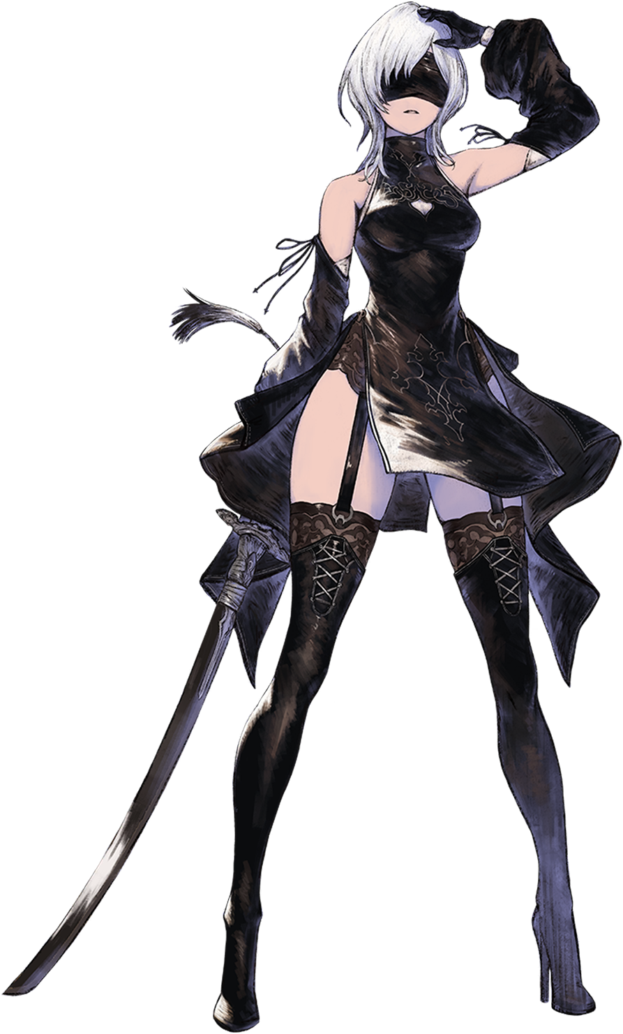 10h_(nier_reincarnation) 1girl arm_up black_blindfold black_dress black_footwear black_garter_straps black_gloves black_thighhighs blindfold boots breasts cleavage_cutout clothing_cutout detached_sleeves dress facing_viewer full_body garter_straps gloves hand_on_own_head high_heel_boots high_heels highres holding holding_sword holding_weapon long_sleeves medium_breasts medium_hair nier_(series) nier_reincarnation official_art parted_lips pelvic_curtain puffy_long_sleeves puffy_sleeves simple_background solo standing sword tachi-e thigh_boots thighhighs thighhighs_under_boots third-party_source transparent_background weapon white_hair wolf_cut