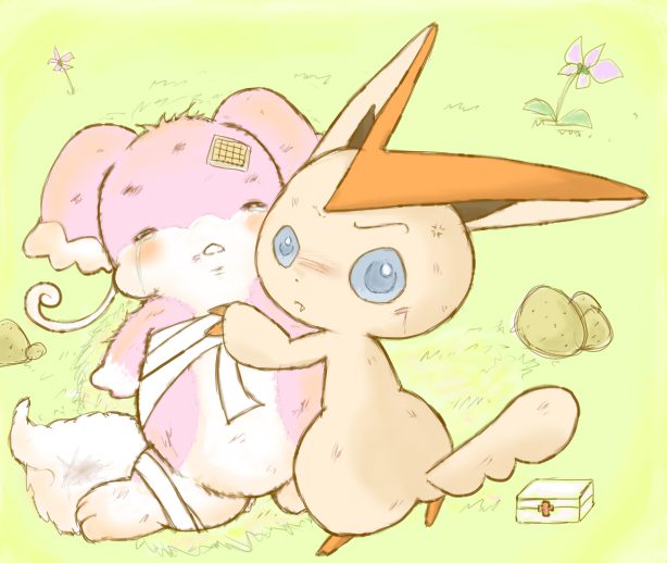 audino band-aid band_aid crying cute daww first_aid_kit legendary_pok&#233;mon looking_back nintendo pok&#233;mon pok&eacute;mon robelty role_reversal victini video_games