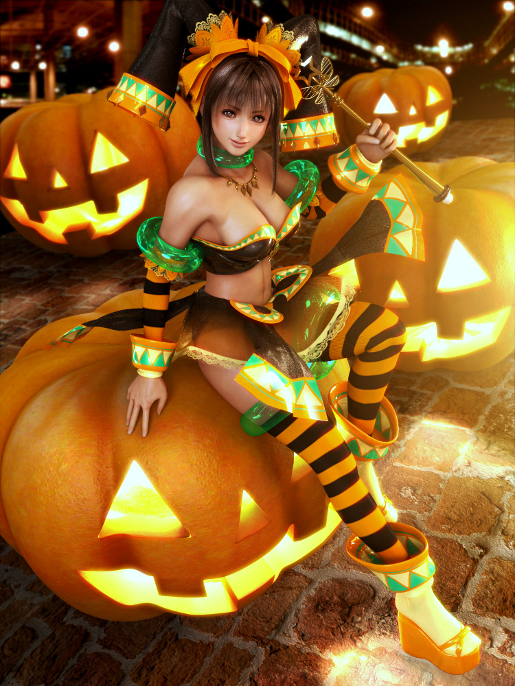3d bandeau bare_shoulders breasts brown_eyes brown_hair cleavage cocoa_(character) halloween hat incise_soul jack-o'-lantern jester_cap jewelry large_breasts m-rs orange_(color) smile staff striped striped_legwear thighhighs wand witch