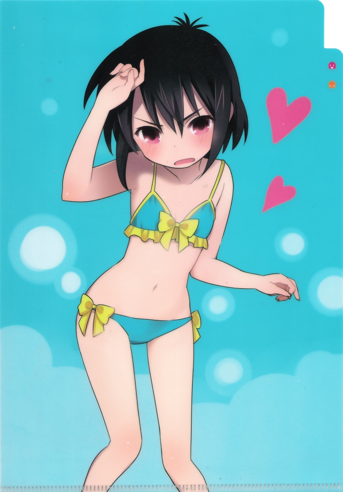 a_channel bikini black_hair blush heart ichii_tooru kuroda_bb navel official_art pink_eyes solo swimsuit