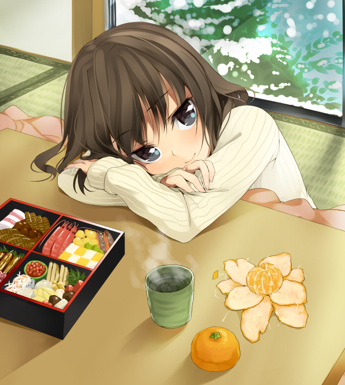 brown_eyes brown_hair crossed_arms cup door food fruit kotatsu looking_at_viewer mandarin_orange obentou original pov_across_table sitting smile snow solo sweater table tatami unasaka_ryou yunomi